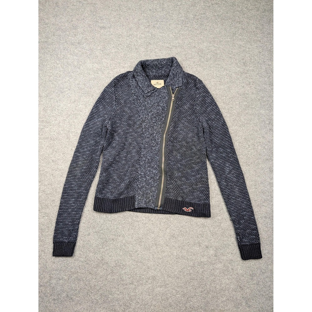 Hollister Sweater Womens Medium Gray Chunky Knit Asymmetrical Full Zip Moto